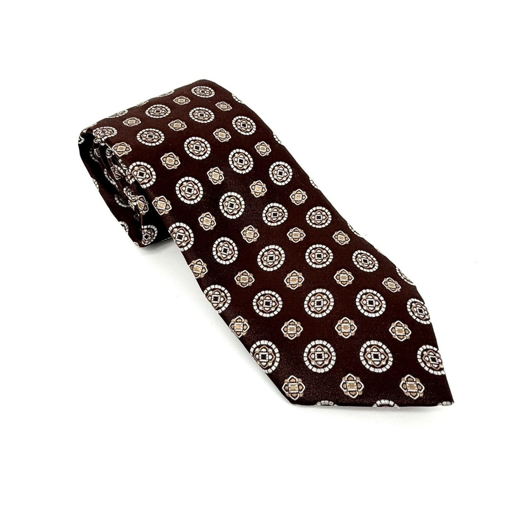 Canali Mens Silk Tie Brown Geometric Medallion Pattern Made in Italy Classic
